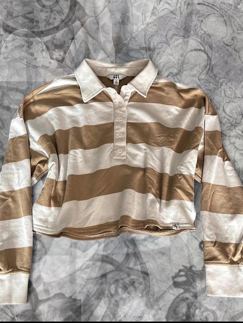 Joy Lab Striped Cropped Long Sleeve Polo in Brown & White Size Large